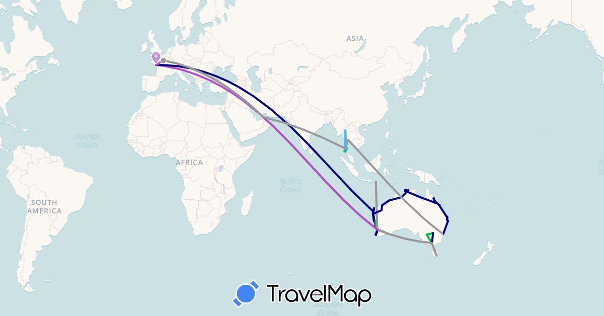 TravelMap itinerary: driving, bus, plane, train, boat in United Arab Emirates, Australia, France, Indonesia, Thailand (Asia, Europe, Oceania)